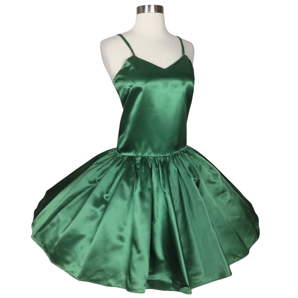 Vintage 80s Green Apple Satin Drop Waist Full Circle Skirt Prom Party Dress S M